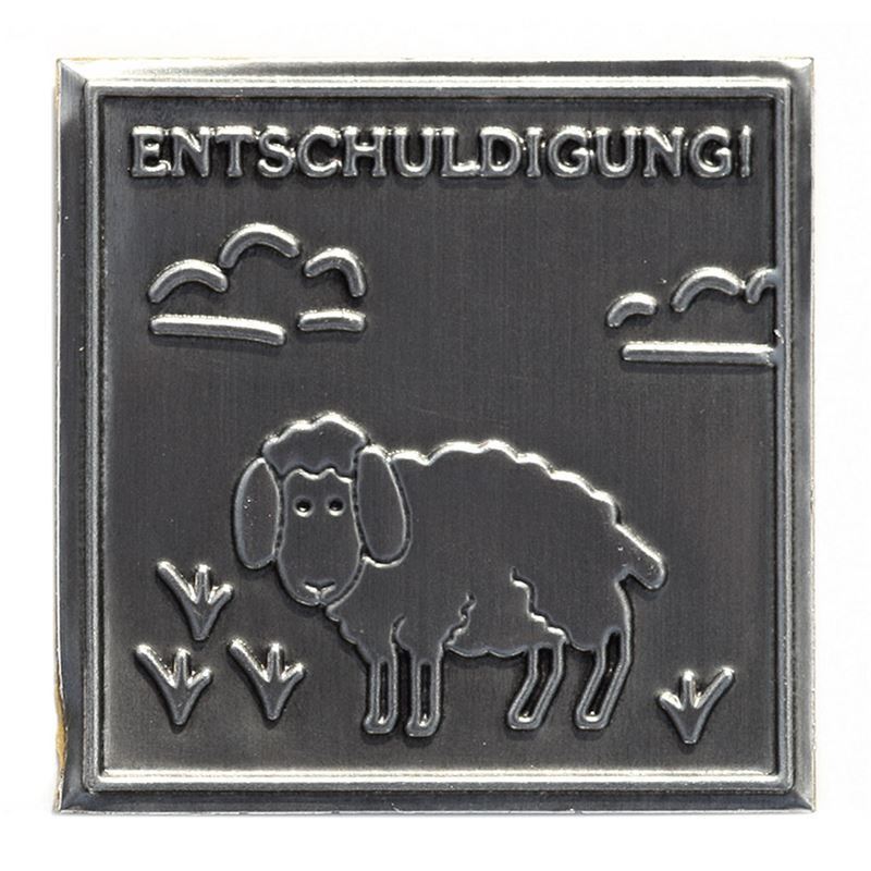 Zinnetikett 'Entschuldigung', quadratisch, Metall, silber