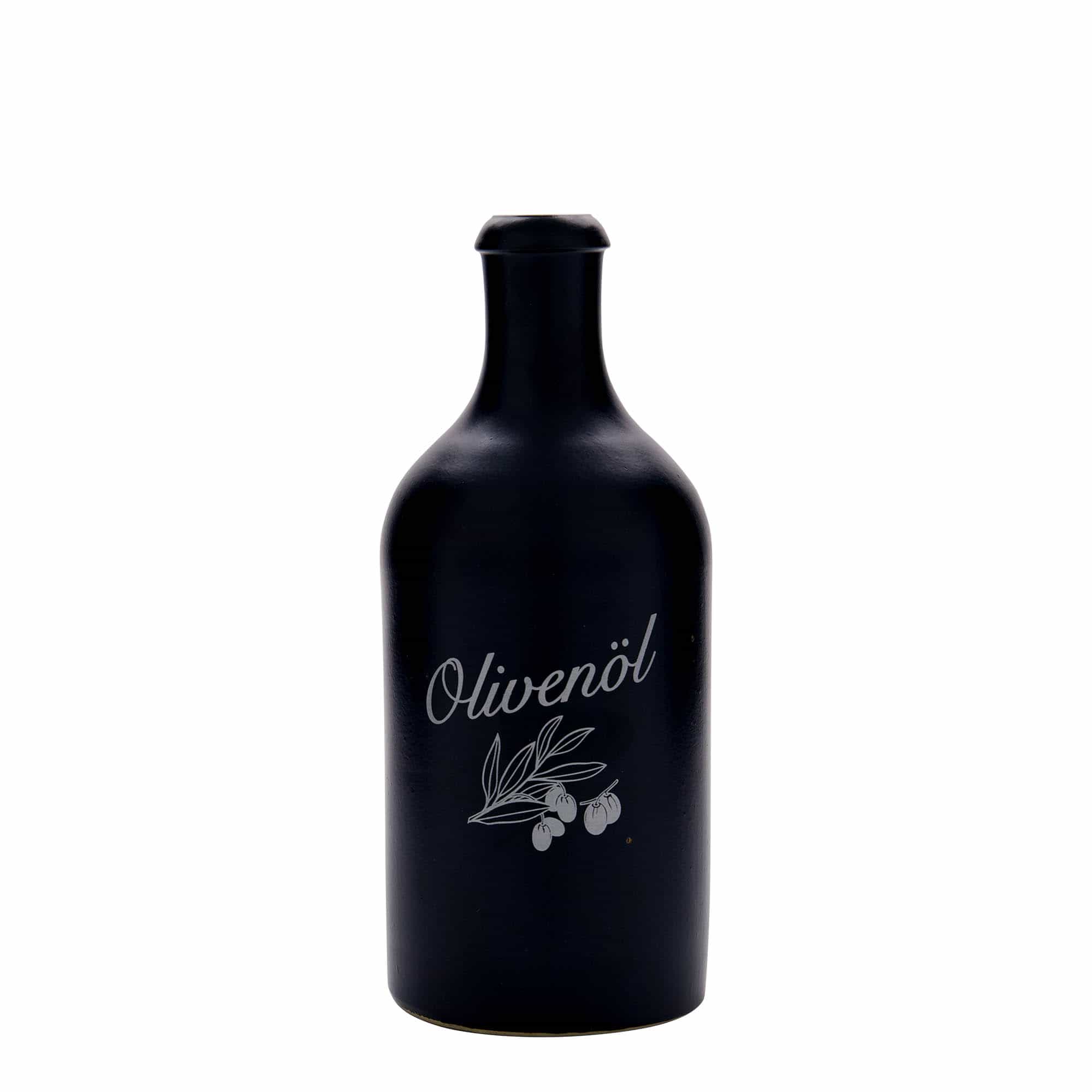 500 ml Tonkrug, Motiv: Olivenöl, Steinzeug, schwarz, Mündung: Kork 500 ml Tonkrug, Motiv: Olivenöl, Steinzeug, schwarz, Mündung: Kork