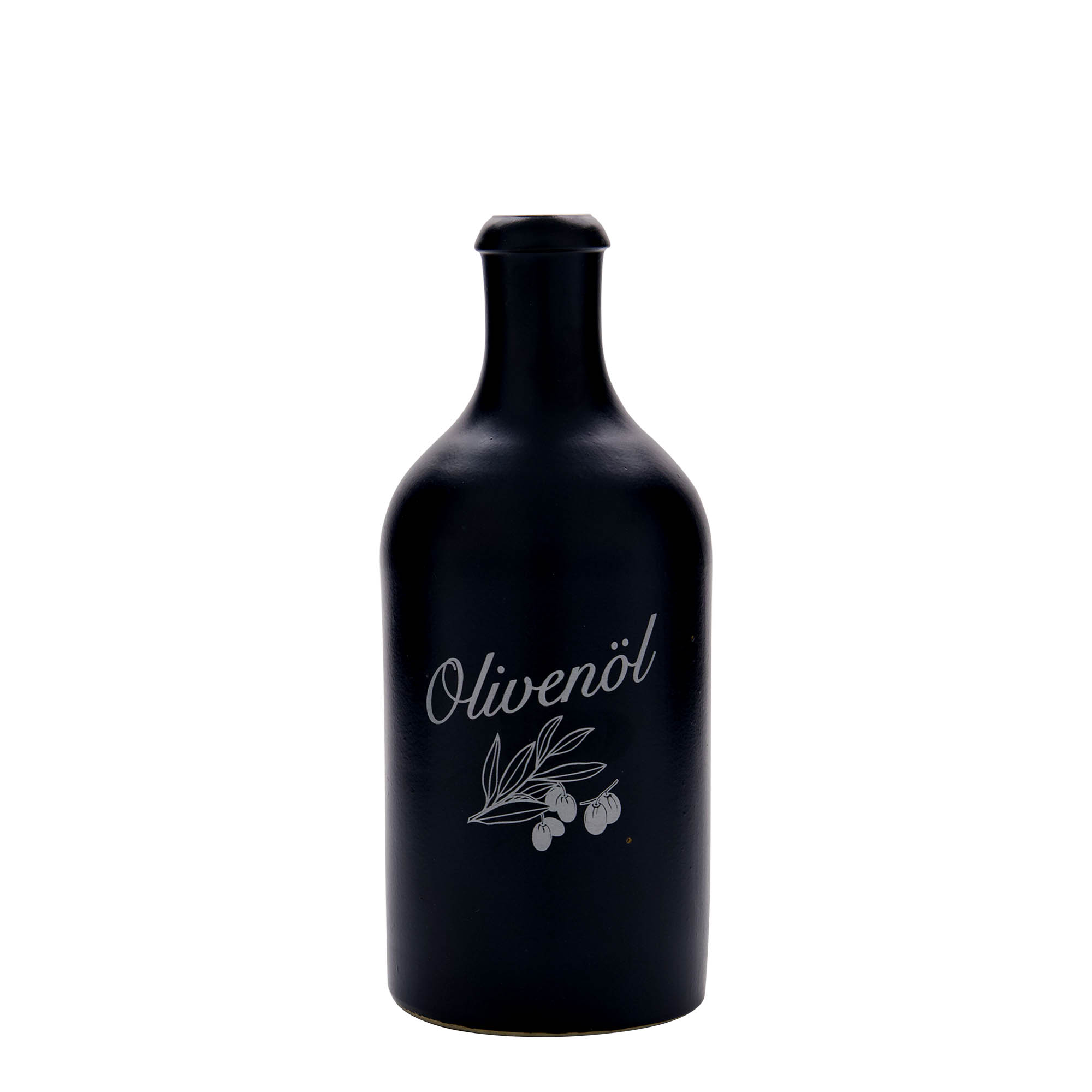 500 ml Tonkrug, Motiv: Olivenöl, Steinzeug, schwarz, Mündung: Kork 500 ml Tonkrug, Motiv: Olivenöl, Steinzeug, schwarz, Mündung: Kork