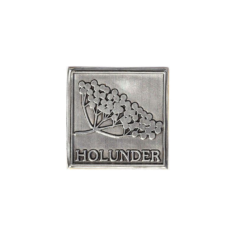 Zinnetikett 'Holunder', quadratisch, Metall, silber