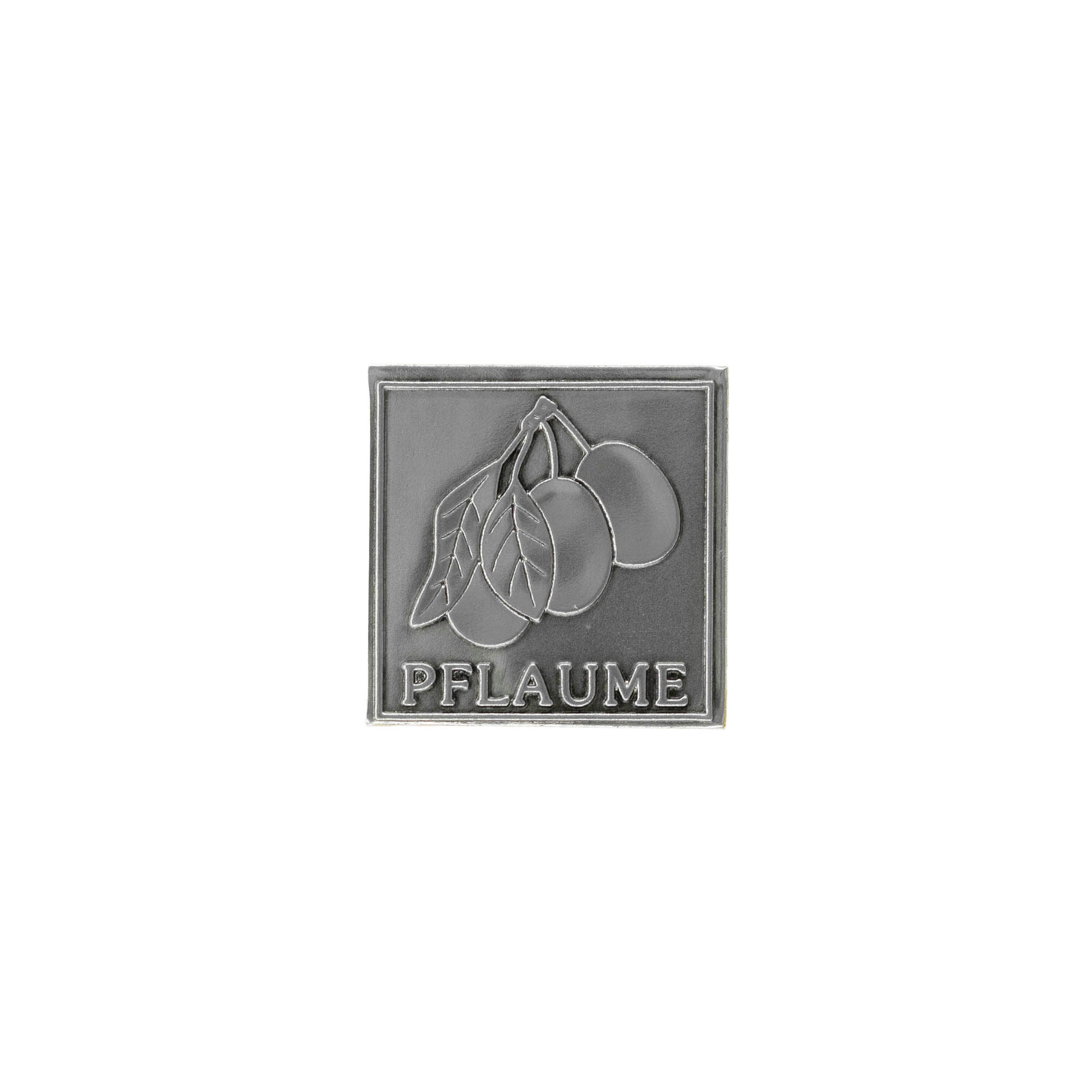 Zinnetikett «Pflaume», quadratisch, Metall, silber