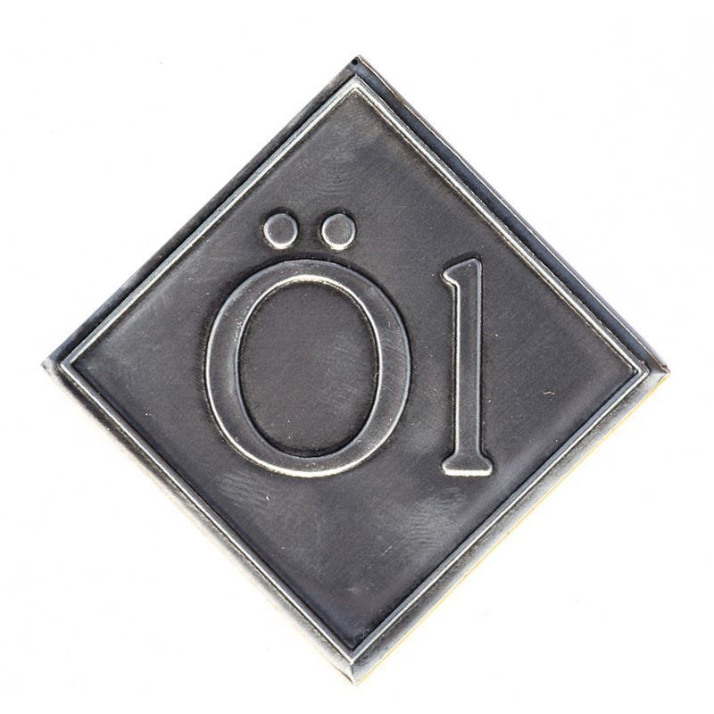 Zinnetikett 'Öl', quadratisch, Metall, silber