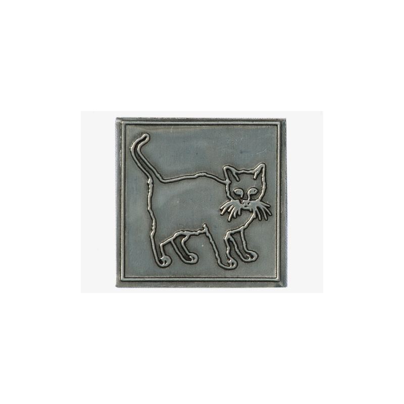 Zinnetikett 'Katze', quadratisch, Metall, silber Zinnetikett 'Katze', quadratisch, Metall, silber